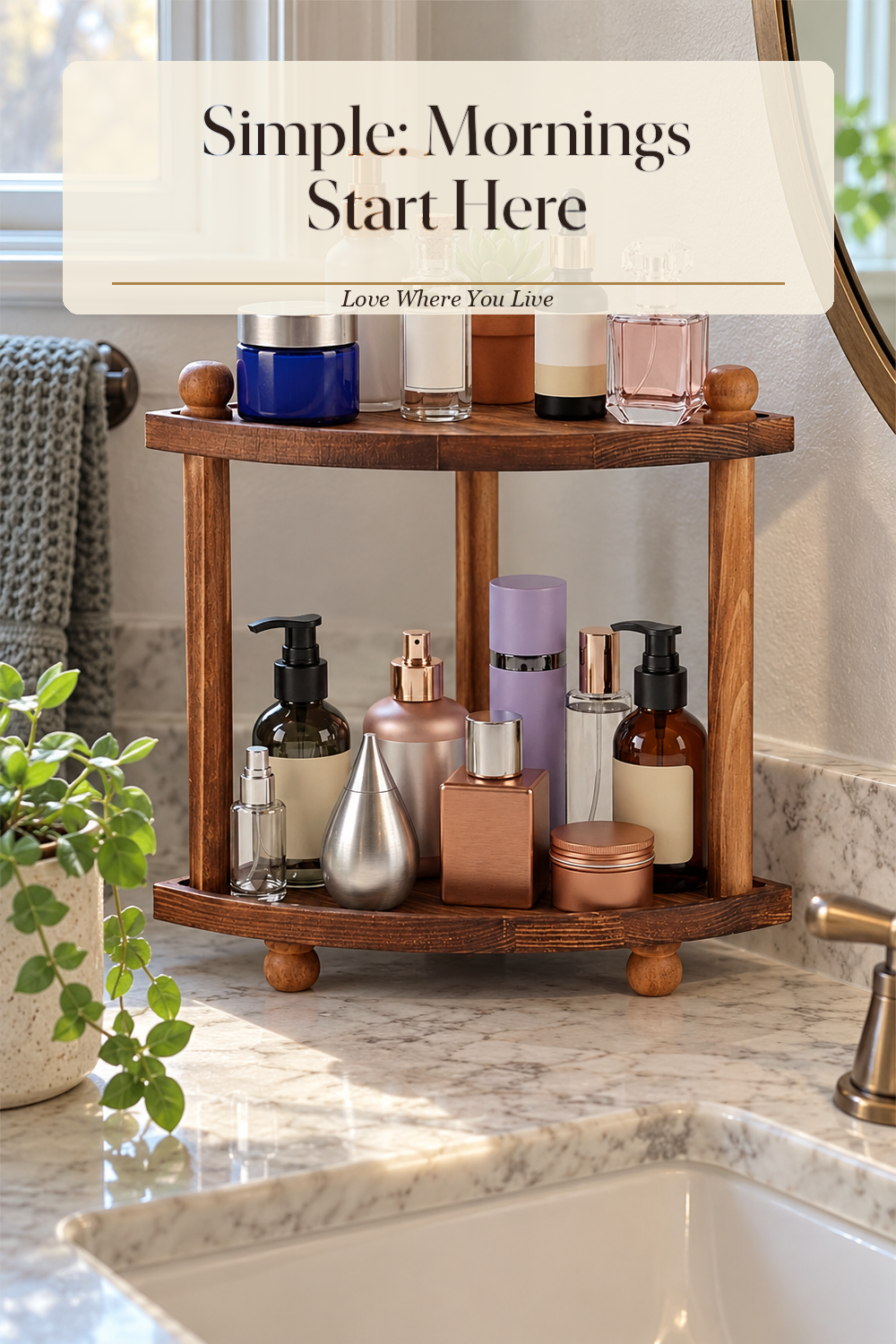 A realistic bathroom organizer in use in a naturally lit bathroom, photographed in a believable lived-in home.