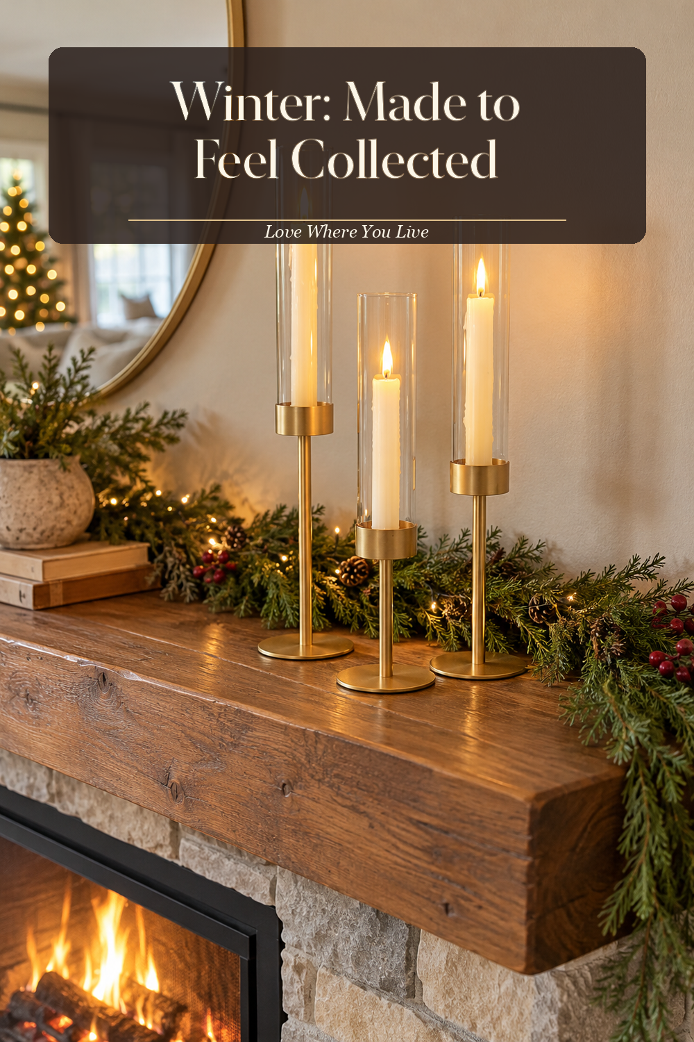 A realistic candle holder in use in a naturally lit living room fireplace, photographed in a believable lived-in home.