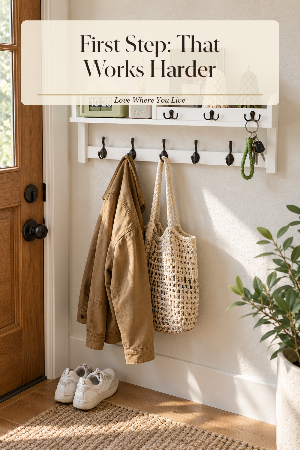 A realistic wall hook shelf in use in a naturally lit entryway, photographed in a believable lived-in home.