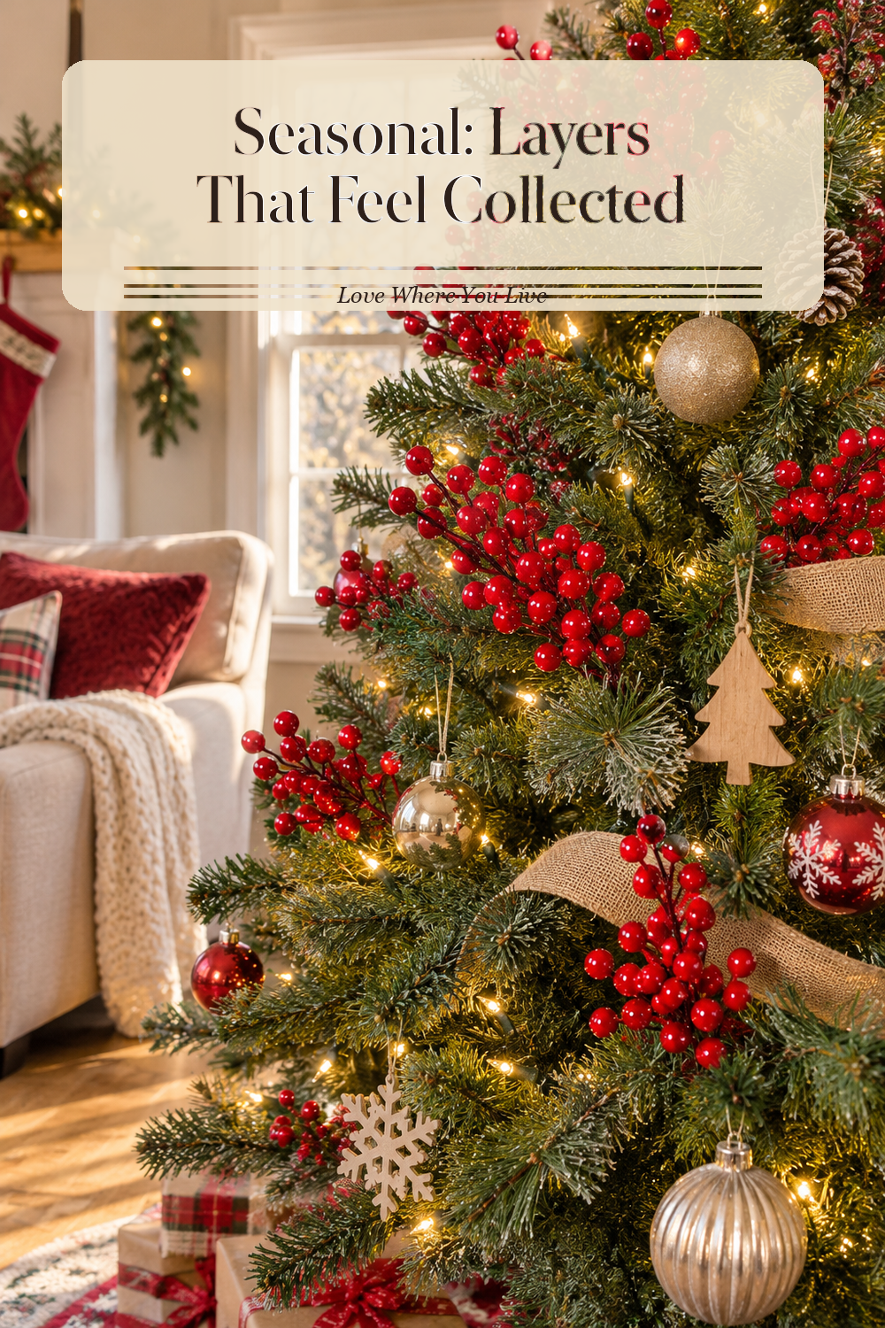 A realistic Christmas ornaments in use in a naturally lit living room Christmas tree, photographed in a believable lived-in home.