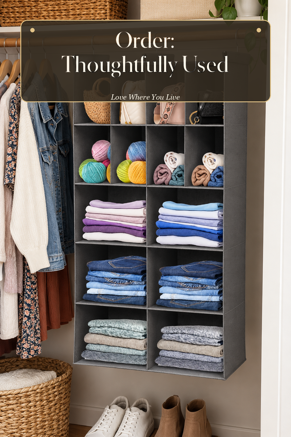 A realistic closet organizer in use in a naturally lit bedroom closet, photographed in a believable lived-in home.