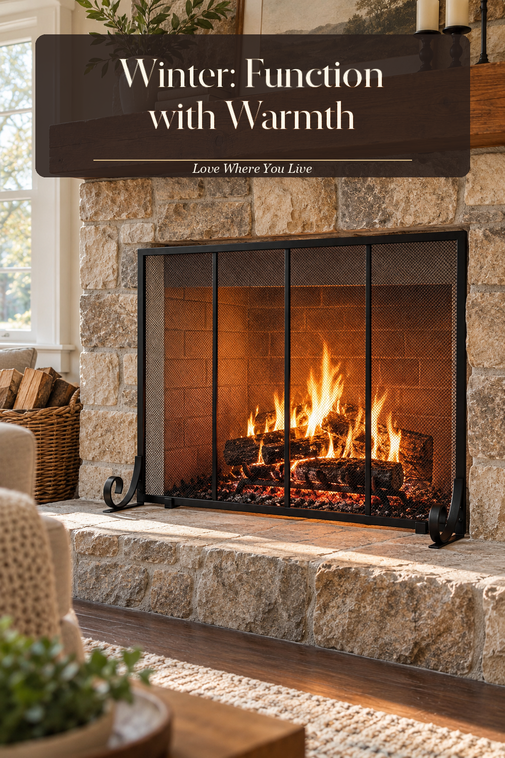 A realistic fireplace screen in use in a naturally lit living room hearth, photographed in a believable lived-in home.