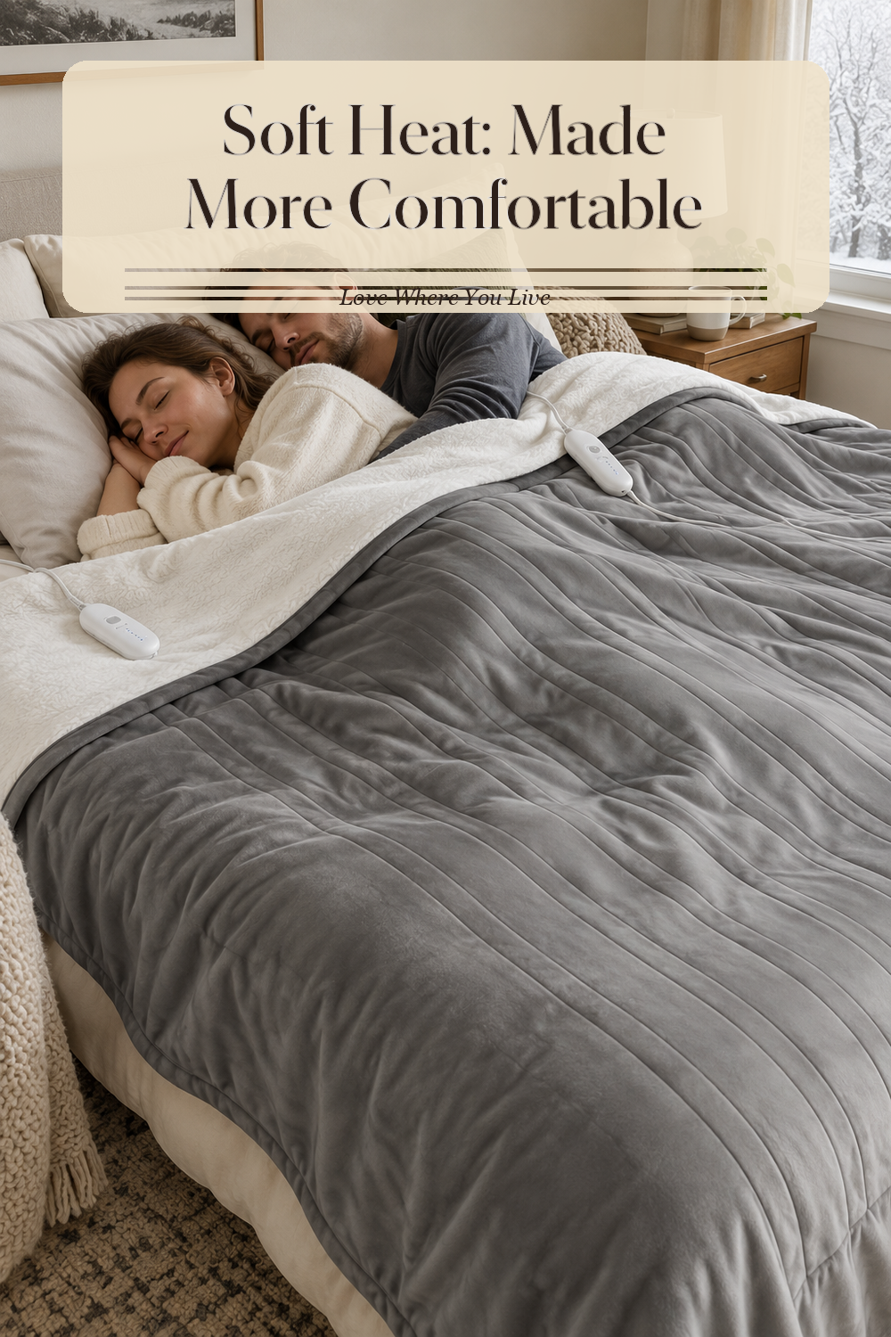 A realistic heated blanket in use in a naturally lit bedroom or living room, photographed in a believable lived-in home.