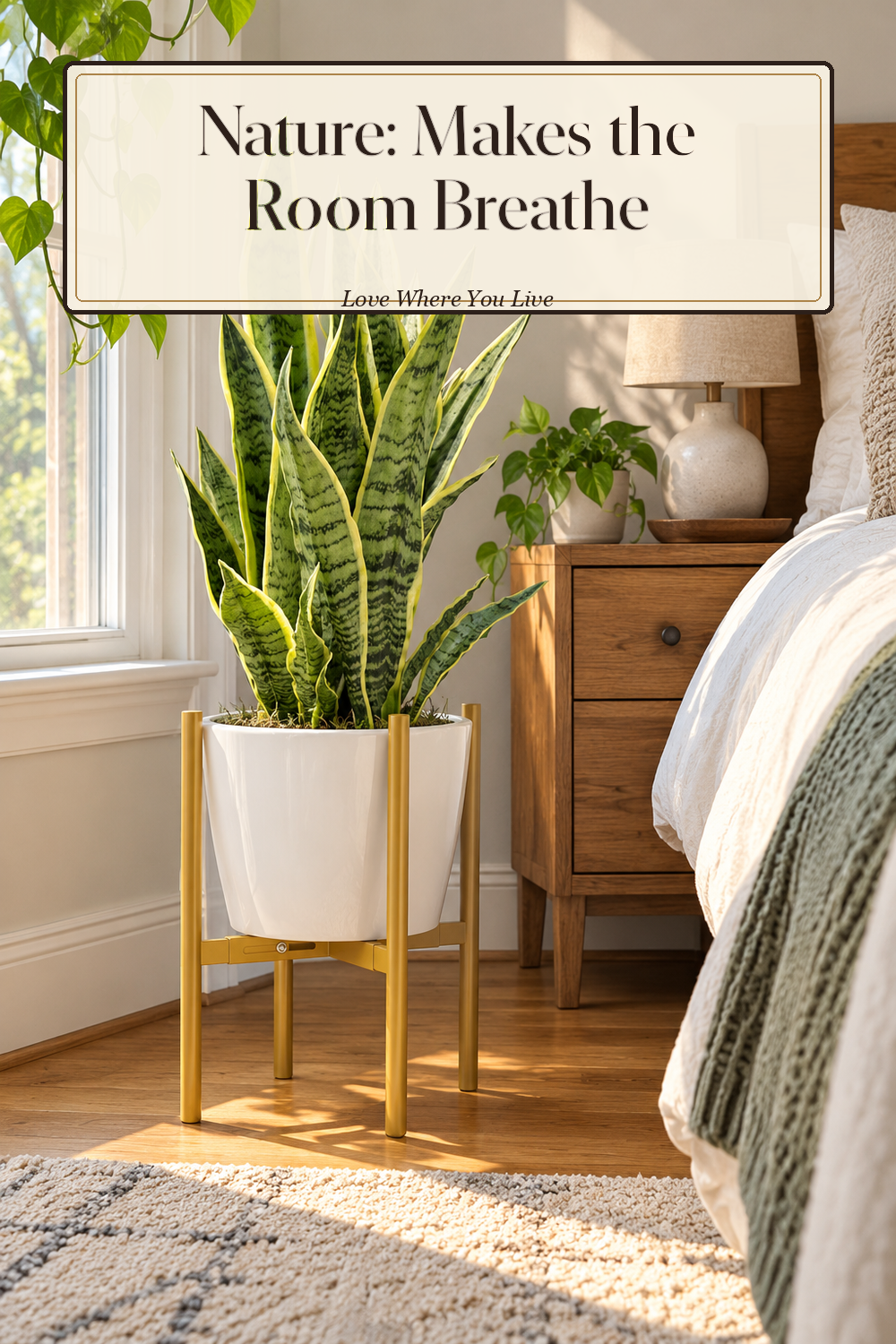 A realistic plant stand in use in a naturally lit bedroom, photographed in a believable lived-in home.