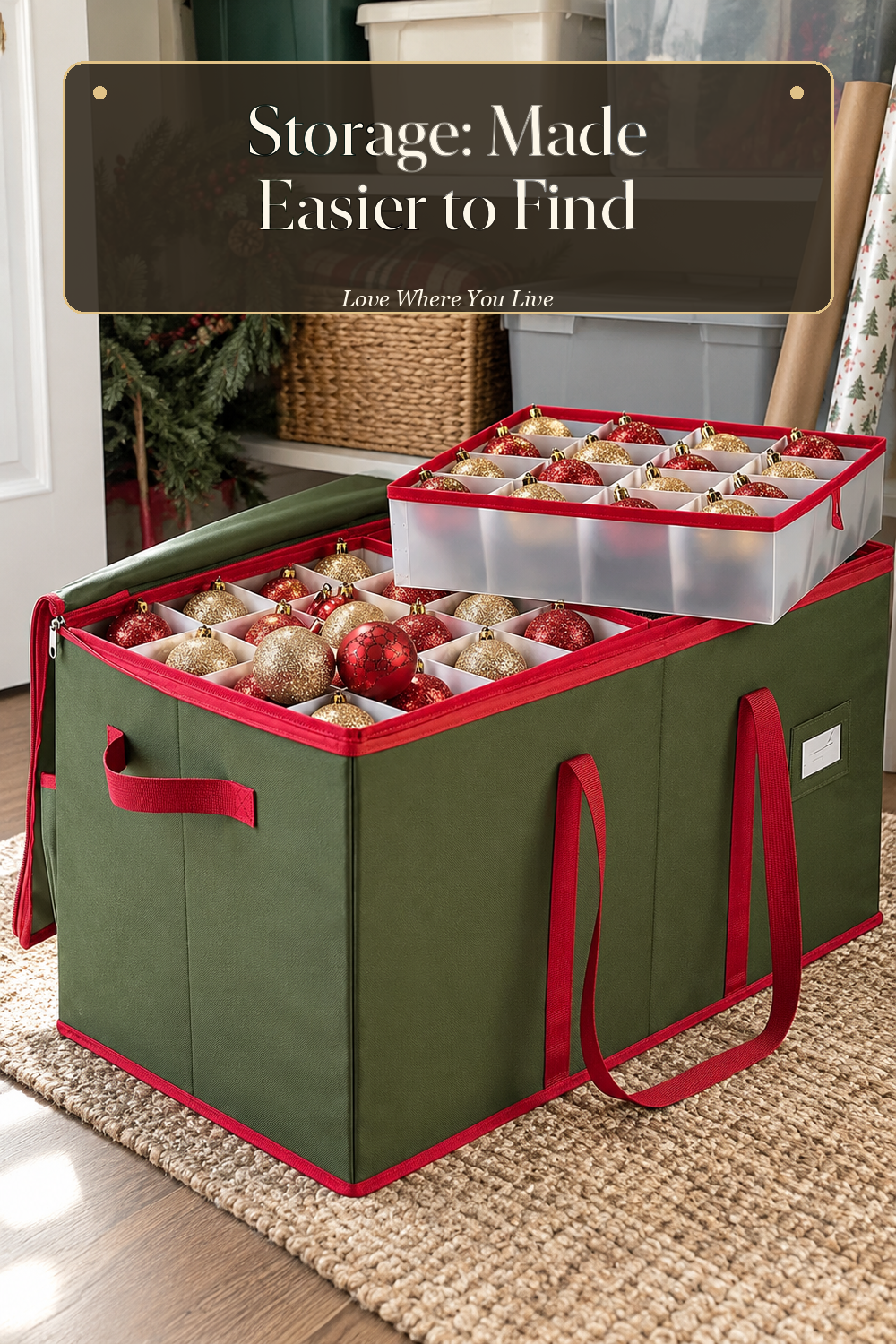 A realistic Christmas ornaments in use in a naturally lit storage closet, photographed in a believable lived-in home.