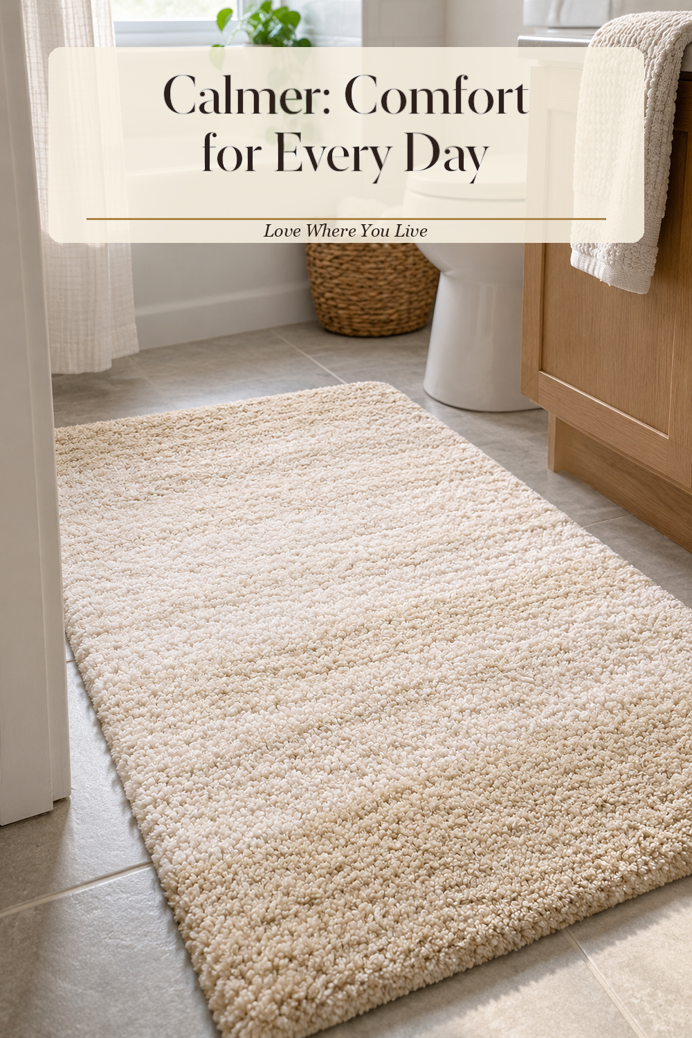 A realistic bath rug in use in a naturally lit bathroom, photographed in a believable lived-in home.
