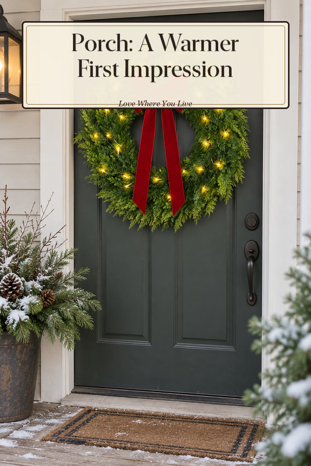 A realistic Christmas wreath in use in a naturally lit front porch, photographed in a believable lived-in home.