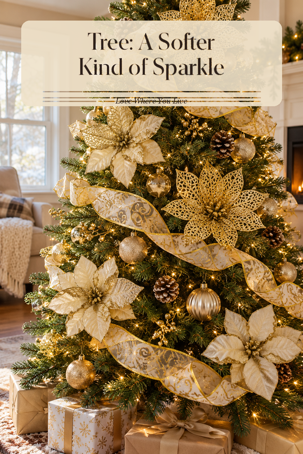 A realistic holiday garland in use in a naturally lit living room Christmas tree, photographed in a believable lived-in home.