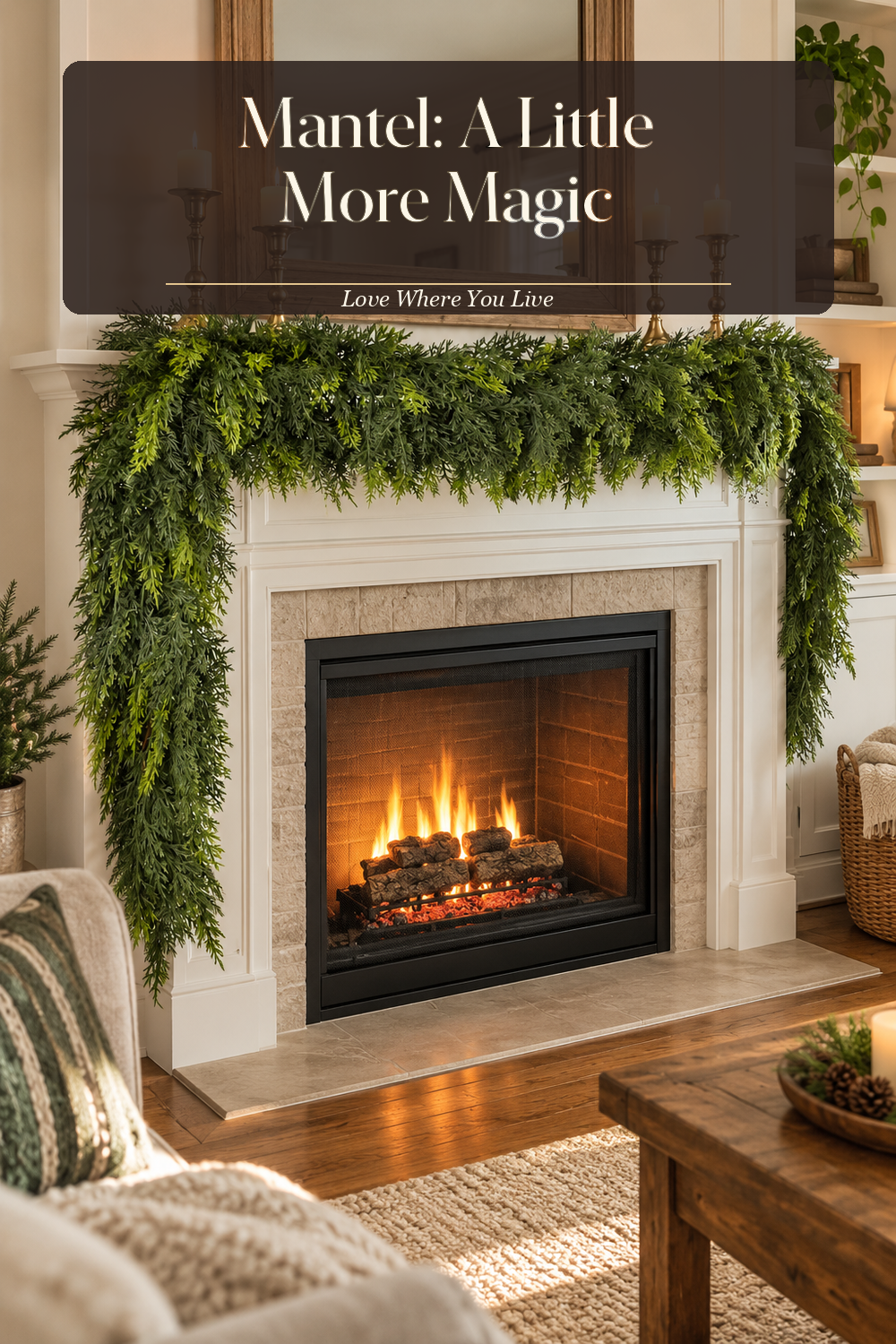 A realistic holiday garland in use in a naturally lit living room fireplace, photographed in a believable lived-in home.