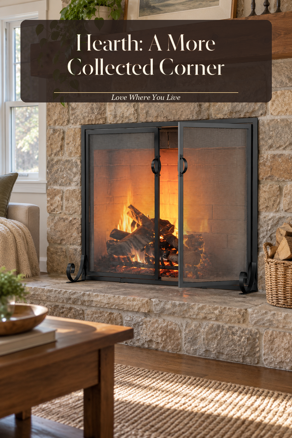 A realistic fireplace screen in use in a naturally lit living room hearth, photographed in a believable lived-in home.