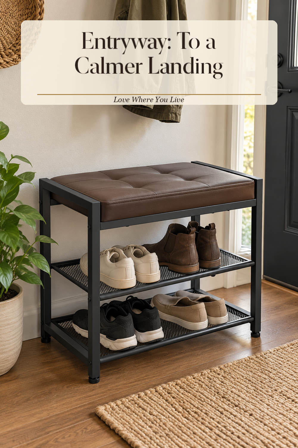 A realistic shoe bench in use in a naturally lit entryway, photographed in a believable lived-in home.