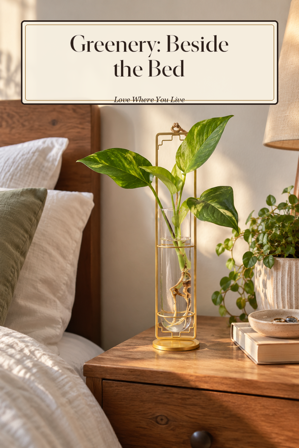 A realistic propagation vase in use in a naturally lit bedroom, photographed in a believable lived-in home.