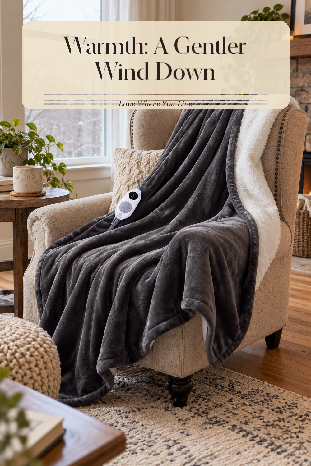 A realistic heated blanket in use in a naturally lit bedroom or living room, photographed in a believable lived-in home.