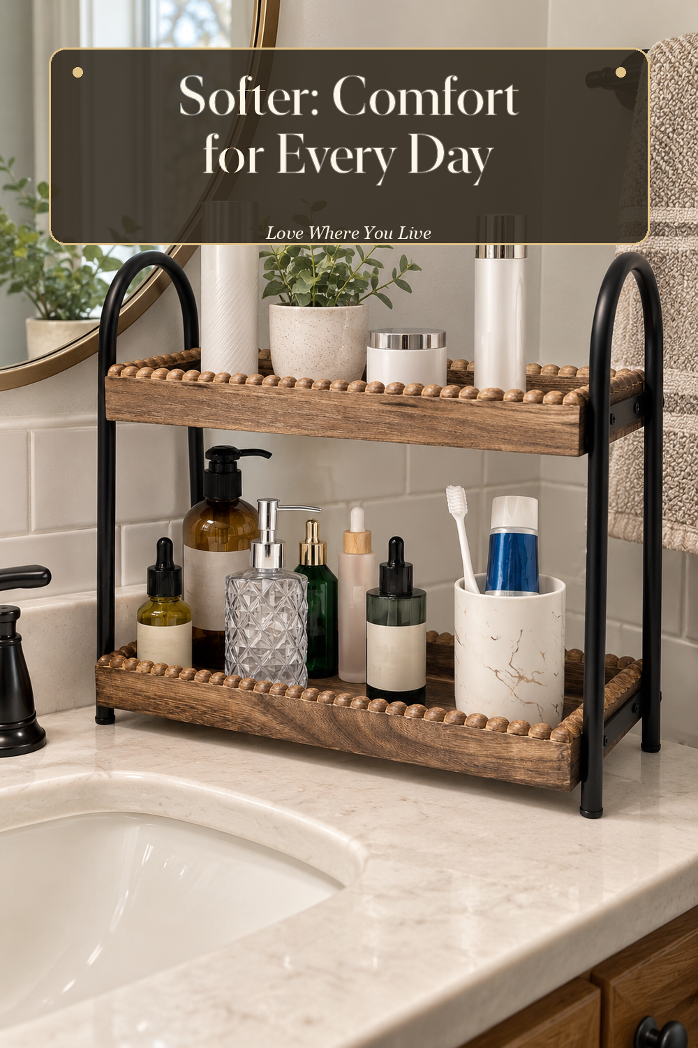 A realistic bathroom organizer in use in a naturally lit bathroom, photographed in a believable lived-in home.