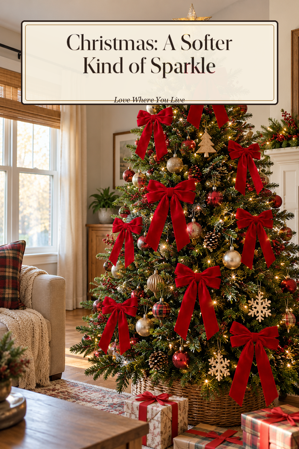 A realistic Christmas ornaments in use in a naturally lit living room Christmas tree, photographed in a believable lived-in home.