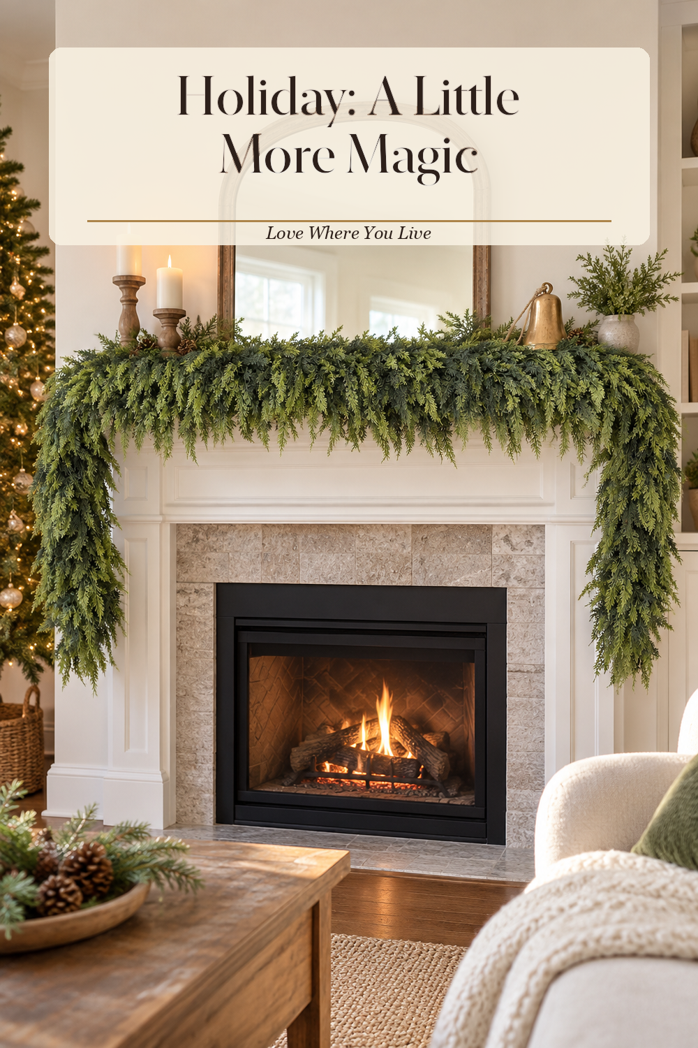 A realistic holiday garland in use in a naturally lit living room fireplace, photographed in a believable lived-in home.