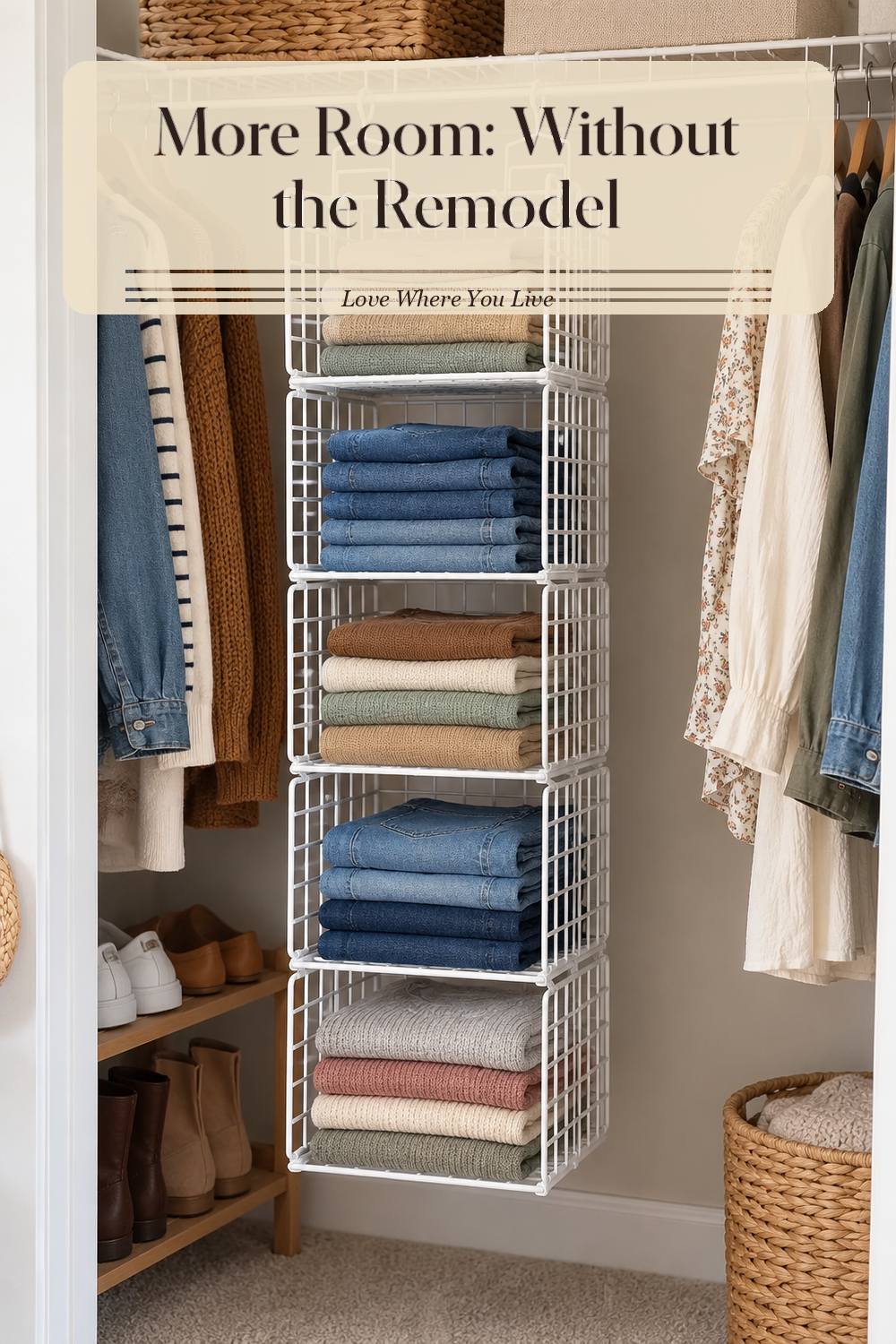 A realistic closet organizer in use in a naturally lit bedroom closet, photographed in a believable lived-in home.