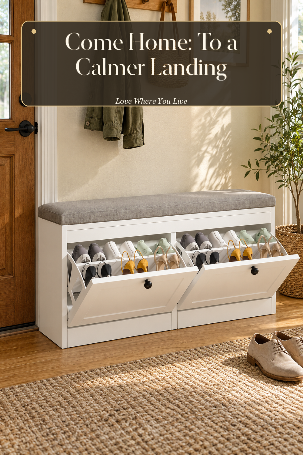 A realistic shoe bench in use in a naturally lit entryway, photographed in a believable lived-in home.