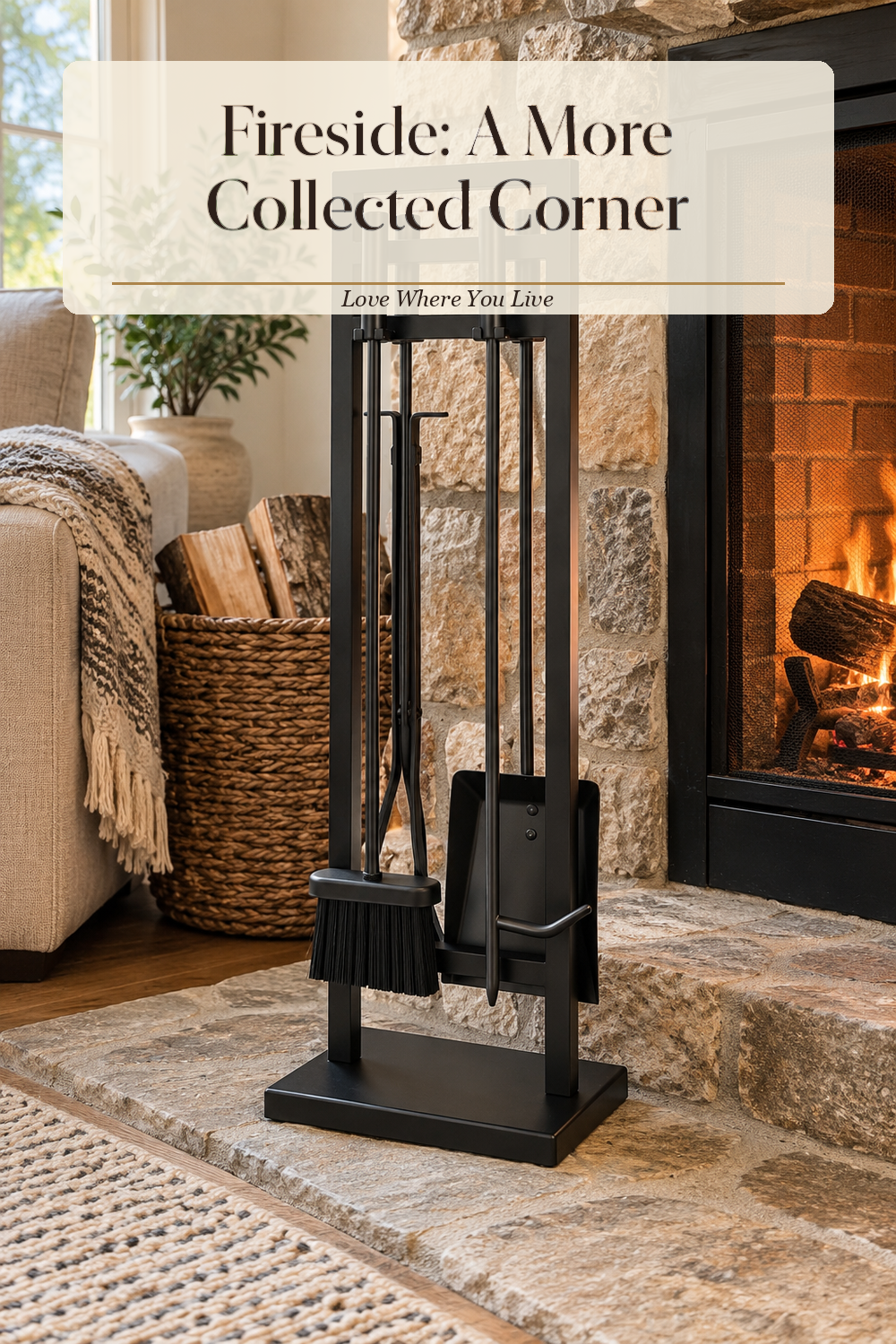 A realistic fireplace tool set in use in a naturally lit living room hearth, photographed in a believable lived-in home.