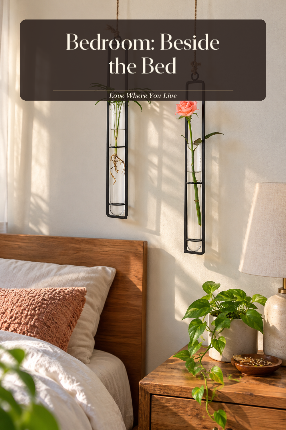 A realistic propagation vase in use in a naturally lit bedroom, photographed in a believable lived-in home.