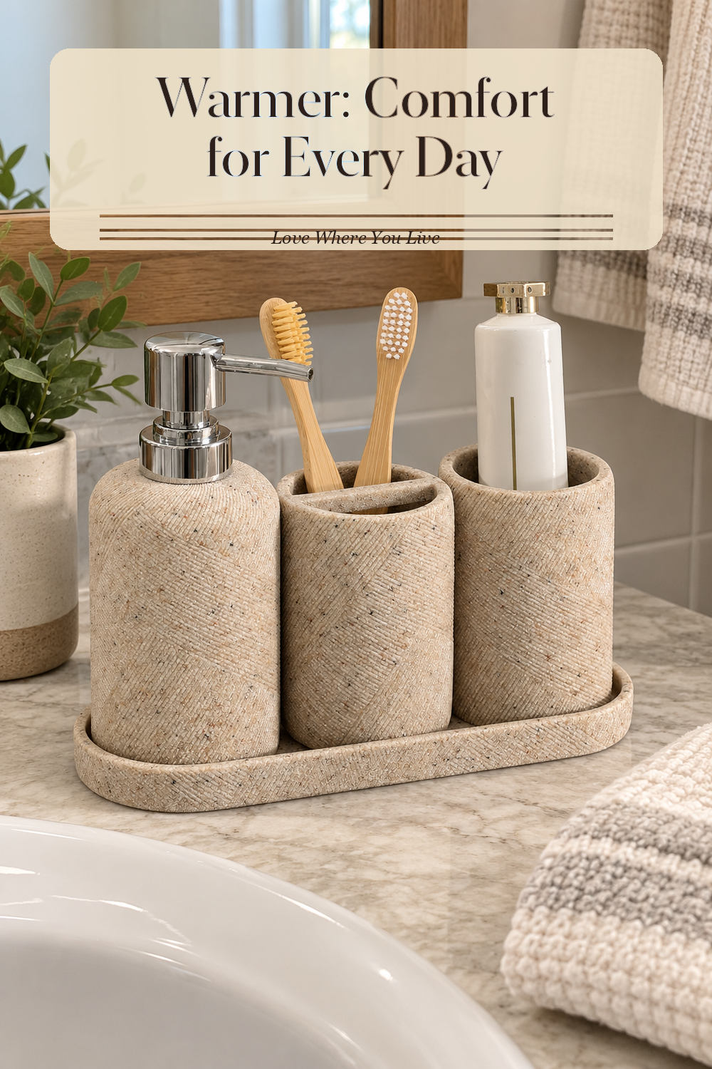 A realistic bathroom accessories set in use in a naturally lit bathroom, photographed in a believable lived-in home.