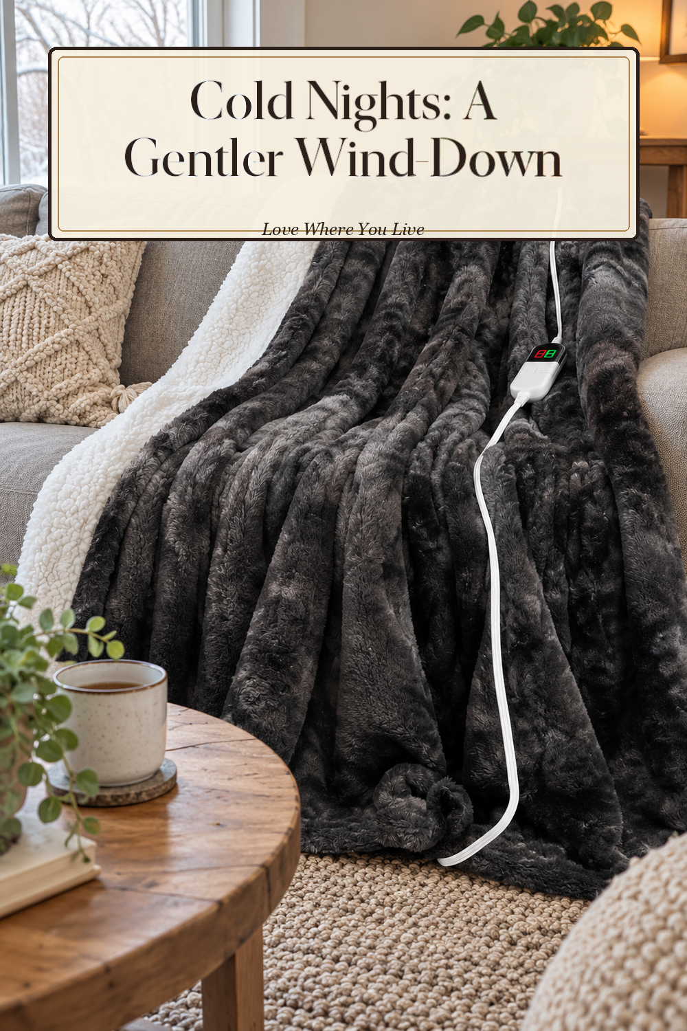 A realistic heated blanket in use in a naturally lit bedroom or living room, photographed in a believable lived-in home.