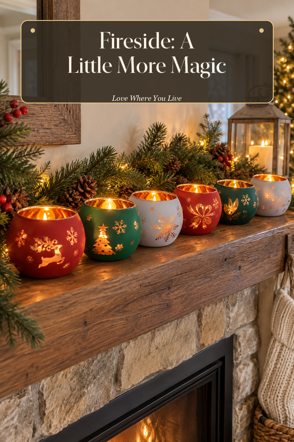 A realistic candle holder in use in a naturally lit living room fireplace, photographed in a believable lived-in home.