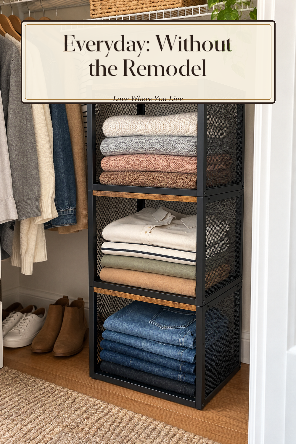 A realistic closet organizer in use in a naturally lit bedroom closet, photographed in a believable lived-in home.