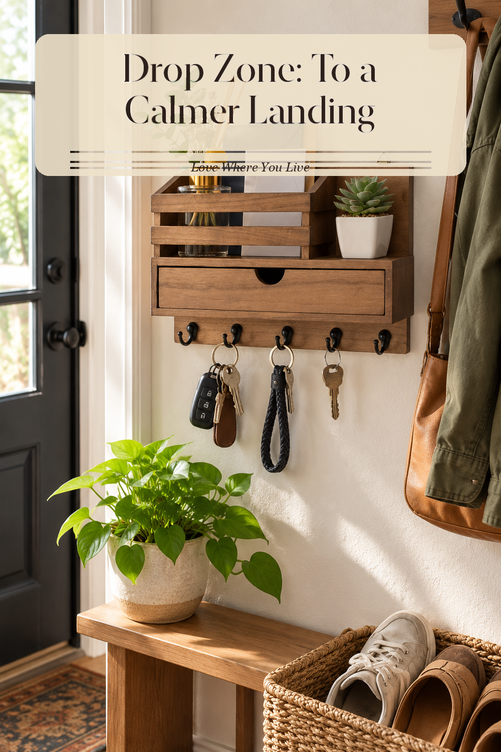 A realistic key and mail organizer in use in a naturally lit entryway, photographed in a believable lived-in home.