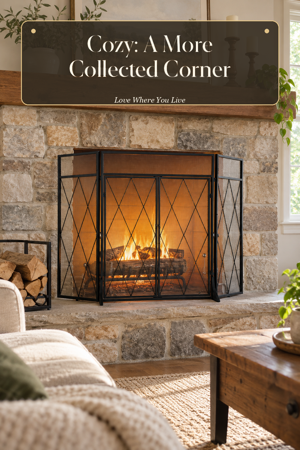 A realistic fireplace screen in use in a naturally lit living room hearth, photographed in a believable lived-in home.