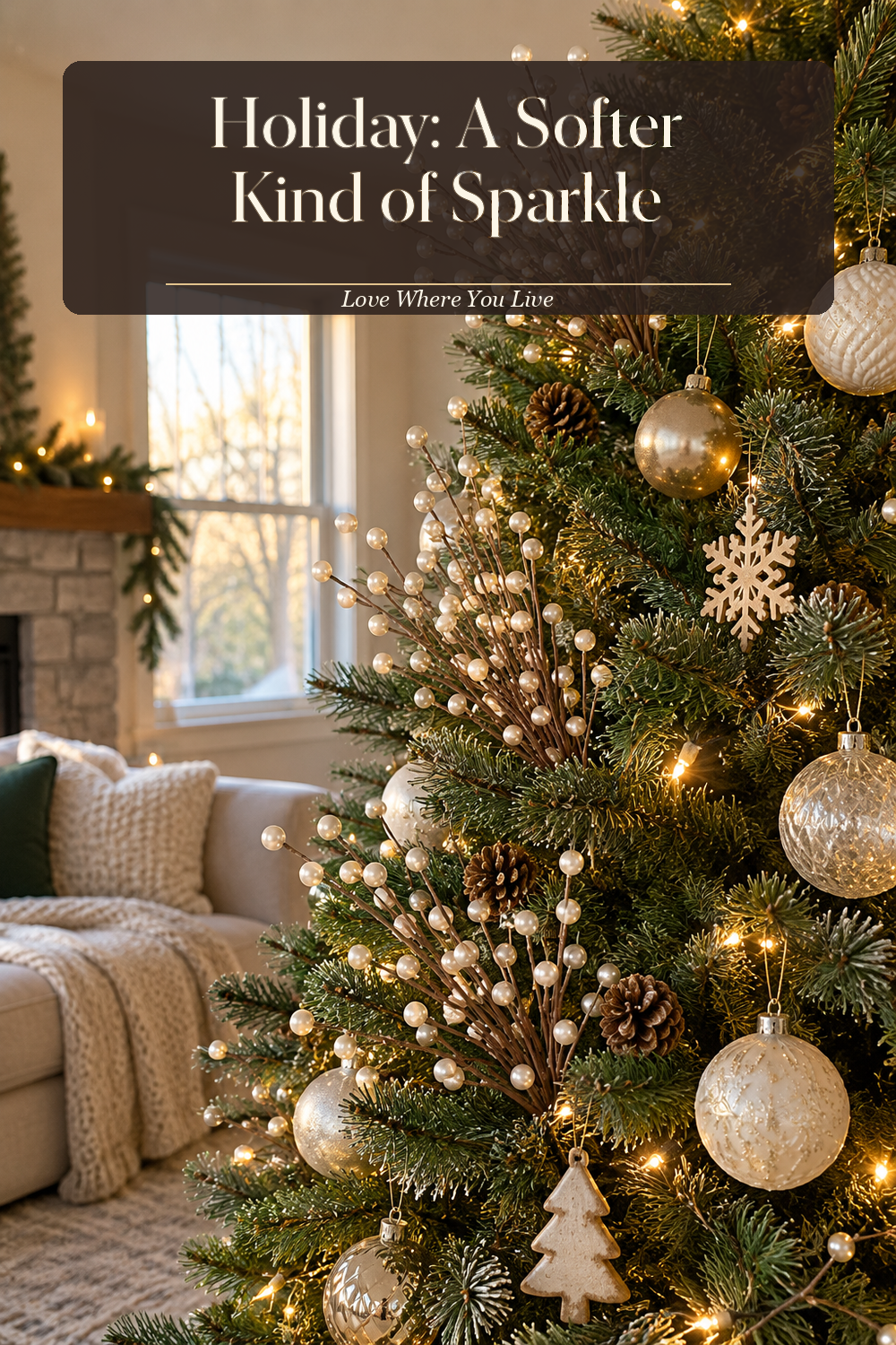 A realistic Christmas ornaments in use in a naturally lit living room Christmas tree, photographed in a believable lived-in home.