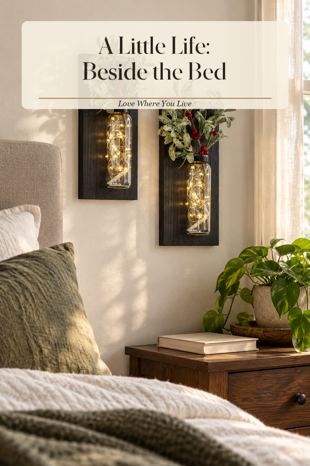 A realistic propagation vase in use in a naturally lit bedroom, photographed in a believable lived-in home.