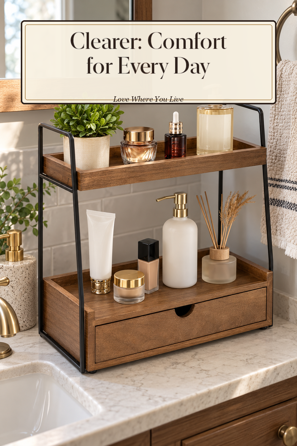 A realistic bathroom organizer in use in a naturally lit bathroom, photographed in a believable lived-in home.