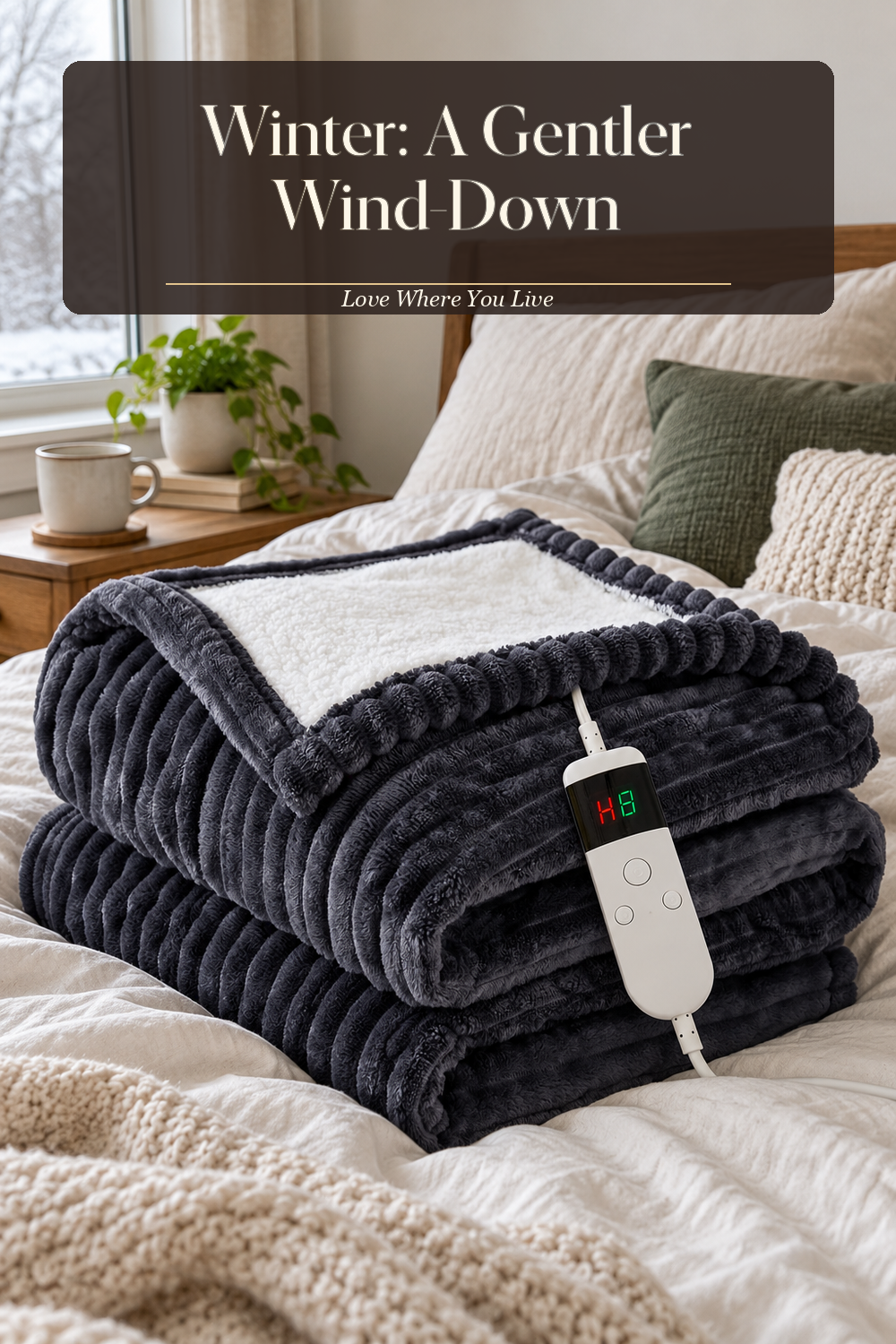 A realistic heated blanket in use in a naturally lit bedroom or living room, photographed in a believable lived-in home.