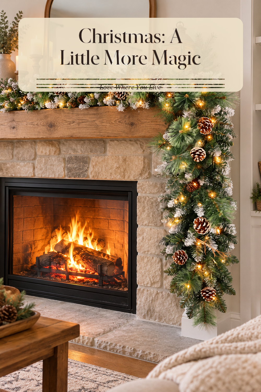 A realistic holiday garland in use in a naturally lit living room fireplace, photographed in a believable lived-in home.