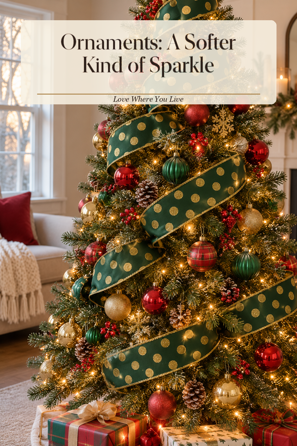 A realistic holiday garland in use in a naturally lit living room Christmas tree, photographed in a believable lived-in home.