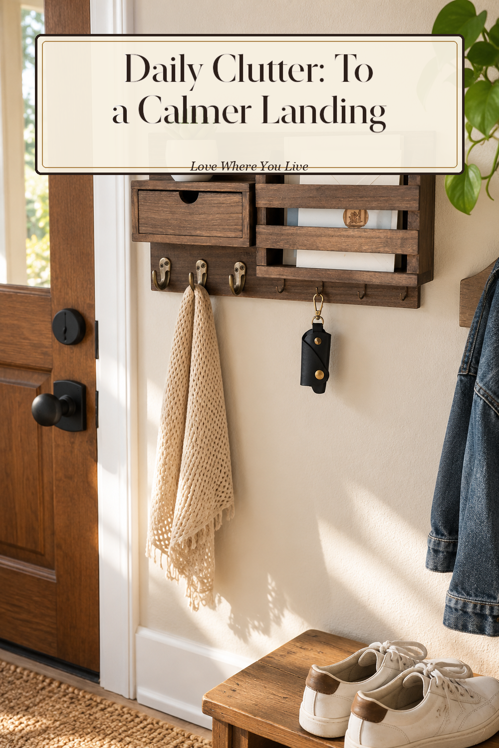 A realistic key and mail organizer in use in a naturally lit entryway, photographed in a believable lived-in home.