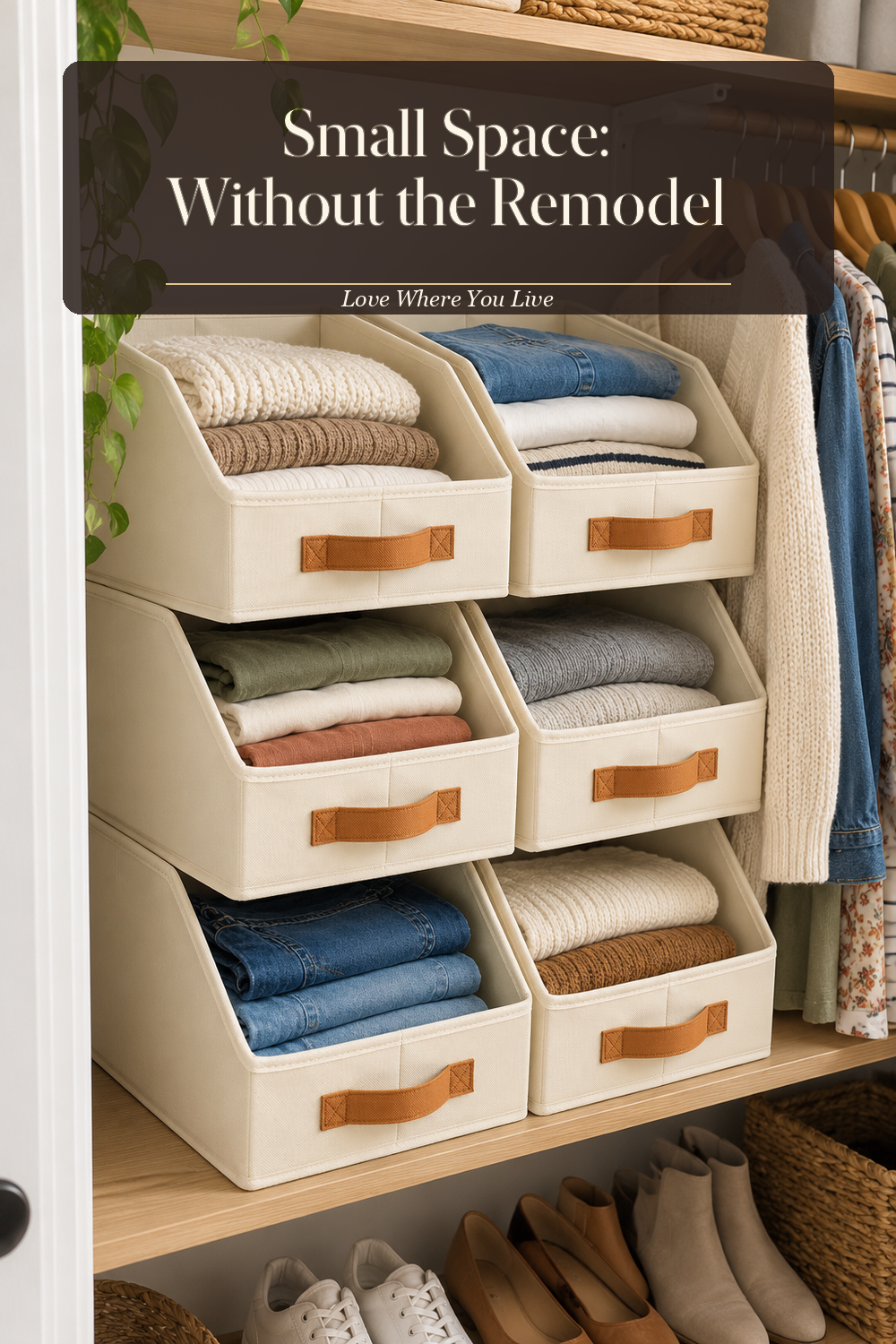 A realistic closet organizer in use in a naturally lit bedroom closet, photographed in a believable lived-in home.