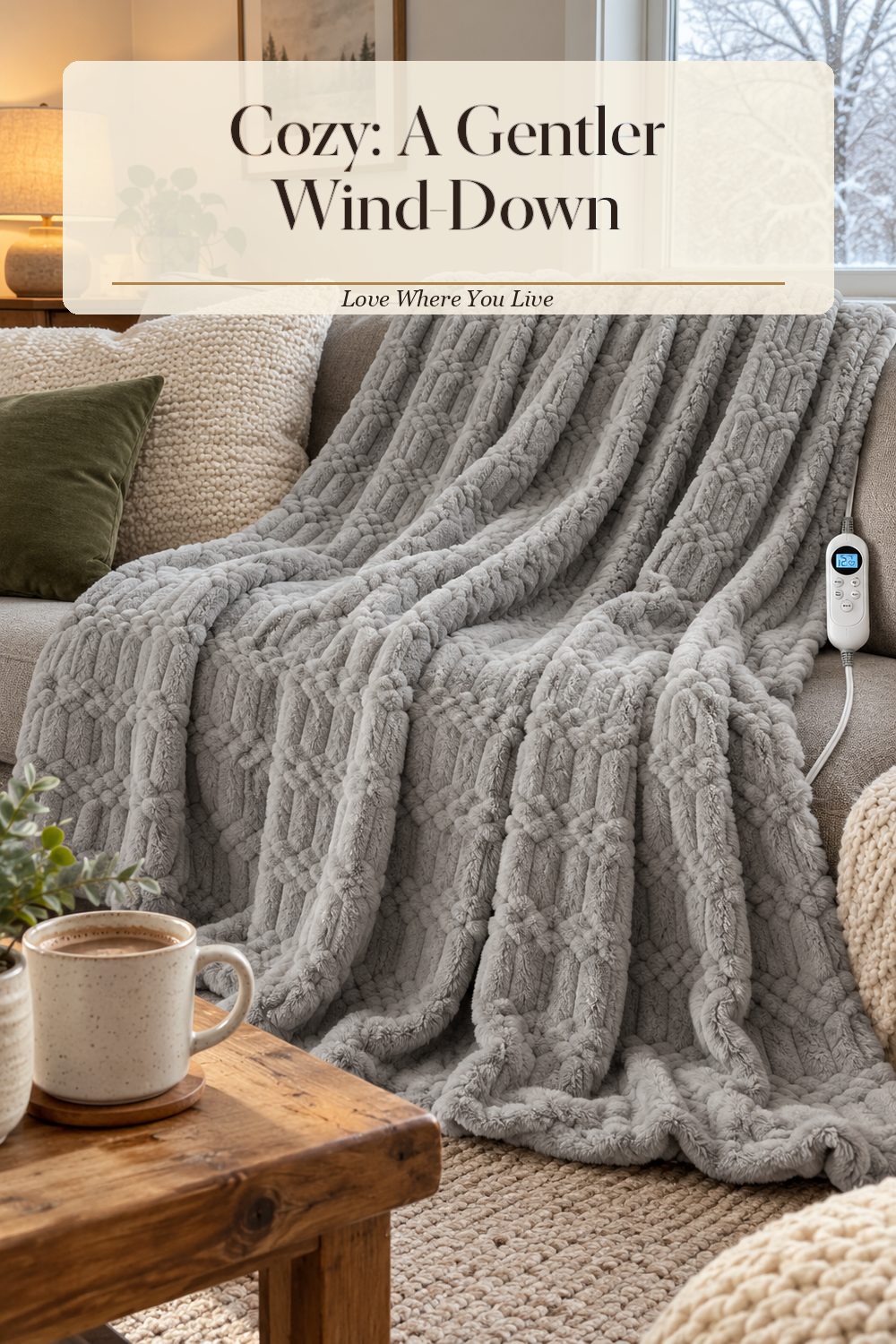 A realistic heated blanket in use in a naturally lit bedroom or living room, photographed in a believable lived-in home.