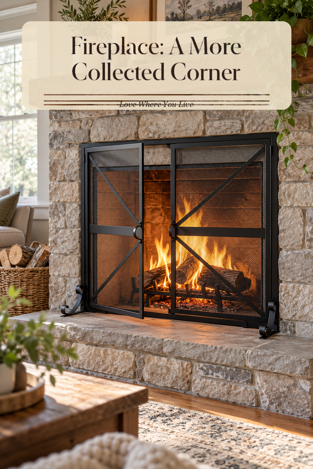 A realistic fireplace screen in use in a naturally lit living room hearth, photographed in a believable lived-in home.