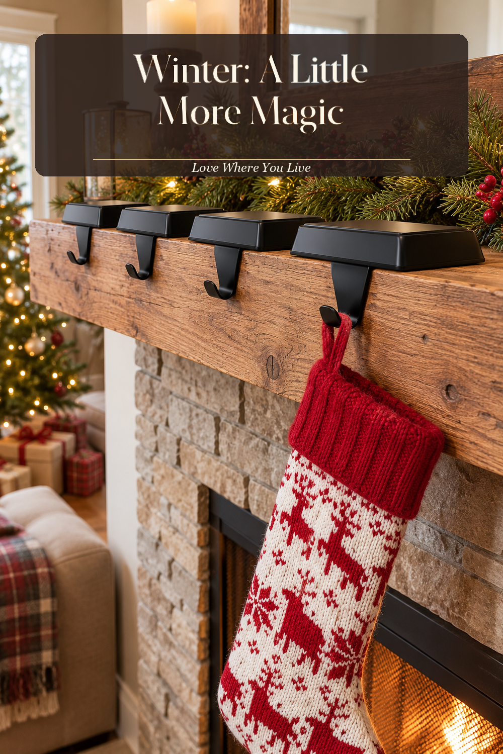 A realistic stocking holder in use in a naturally lit living room fireplace, photographed in a believable lived-in home.