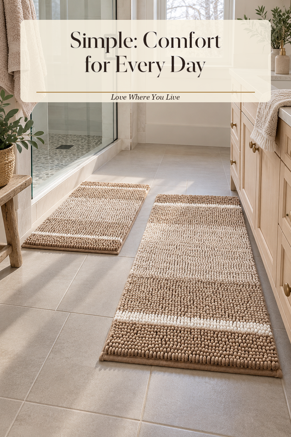 A realistic homeideas beige bathroom in use in a naturally lit bathroom, photographed in a believable lived-in home.