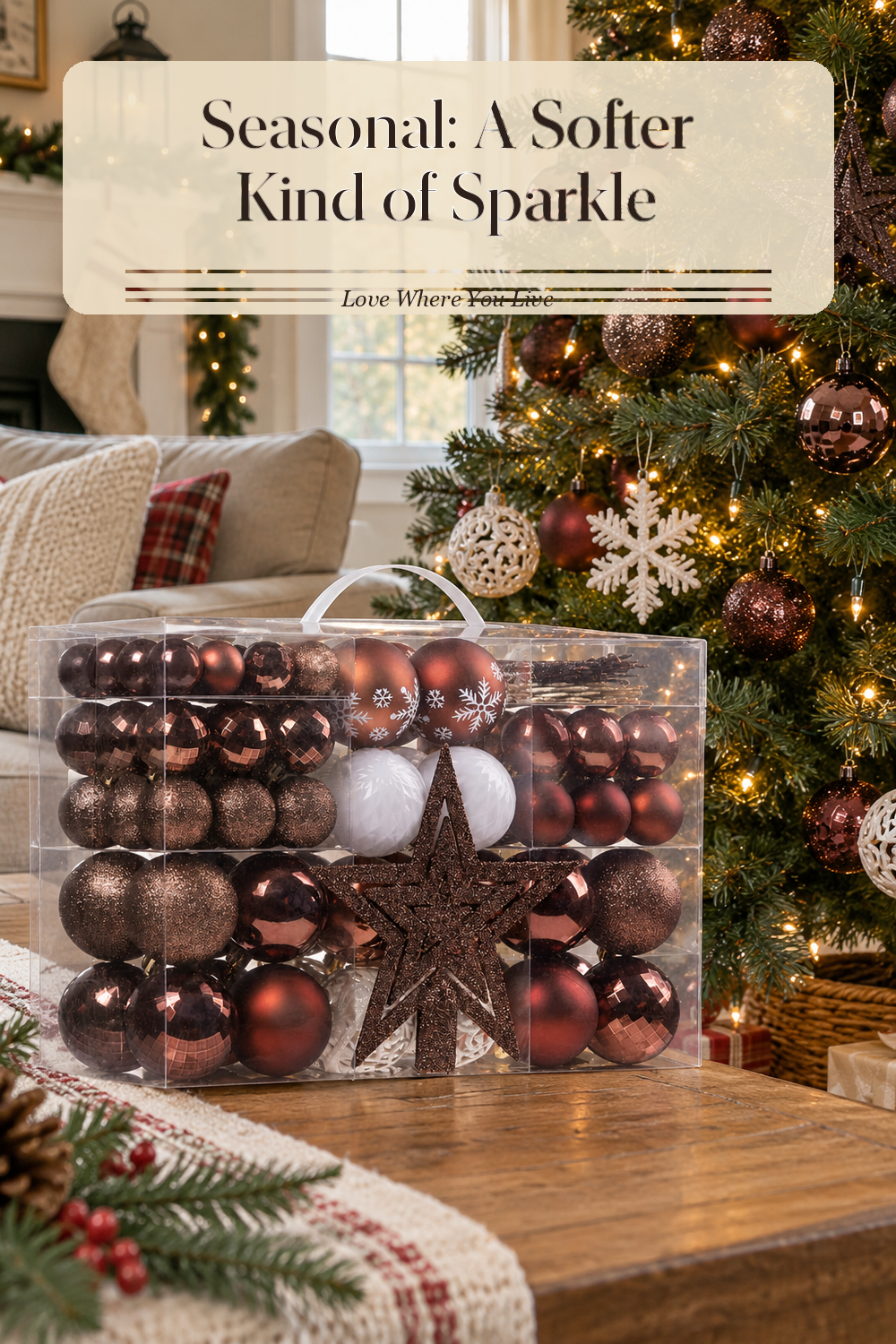 A realistic Christmas ornaments in use in a naturally lit living room Christmas tree, photographed in a believable lived-in home.