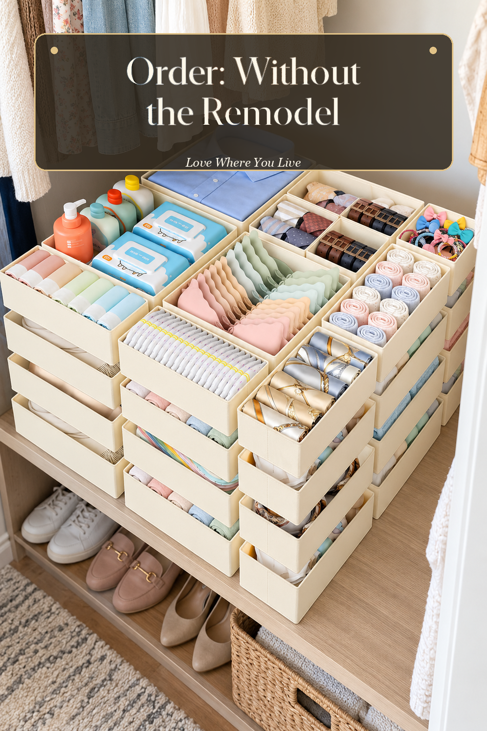 A realistic drawer organizer in use in a naturally lit bedroom closet, photographed in a believable lived-in home.