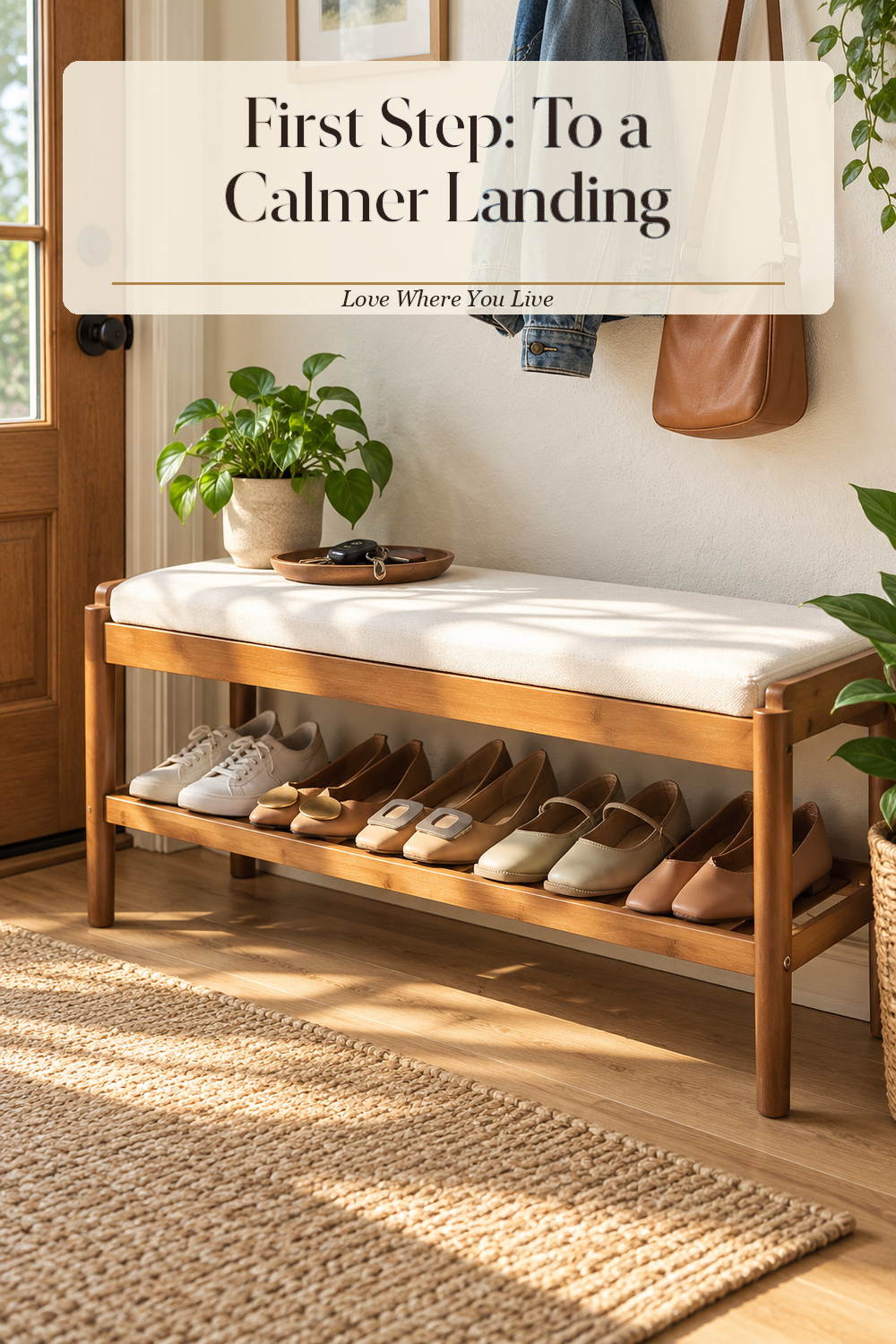 A realistic shoe bench in use in a naturally lit entryway, photographed in a believable lived-in home.
