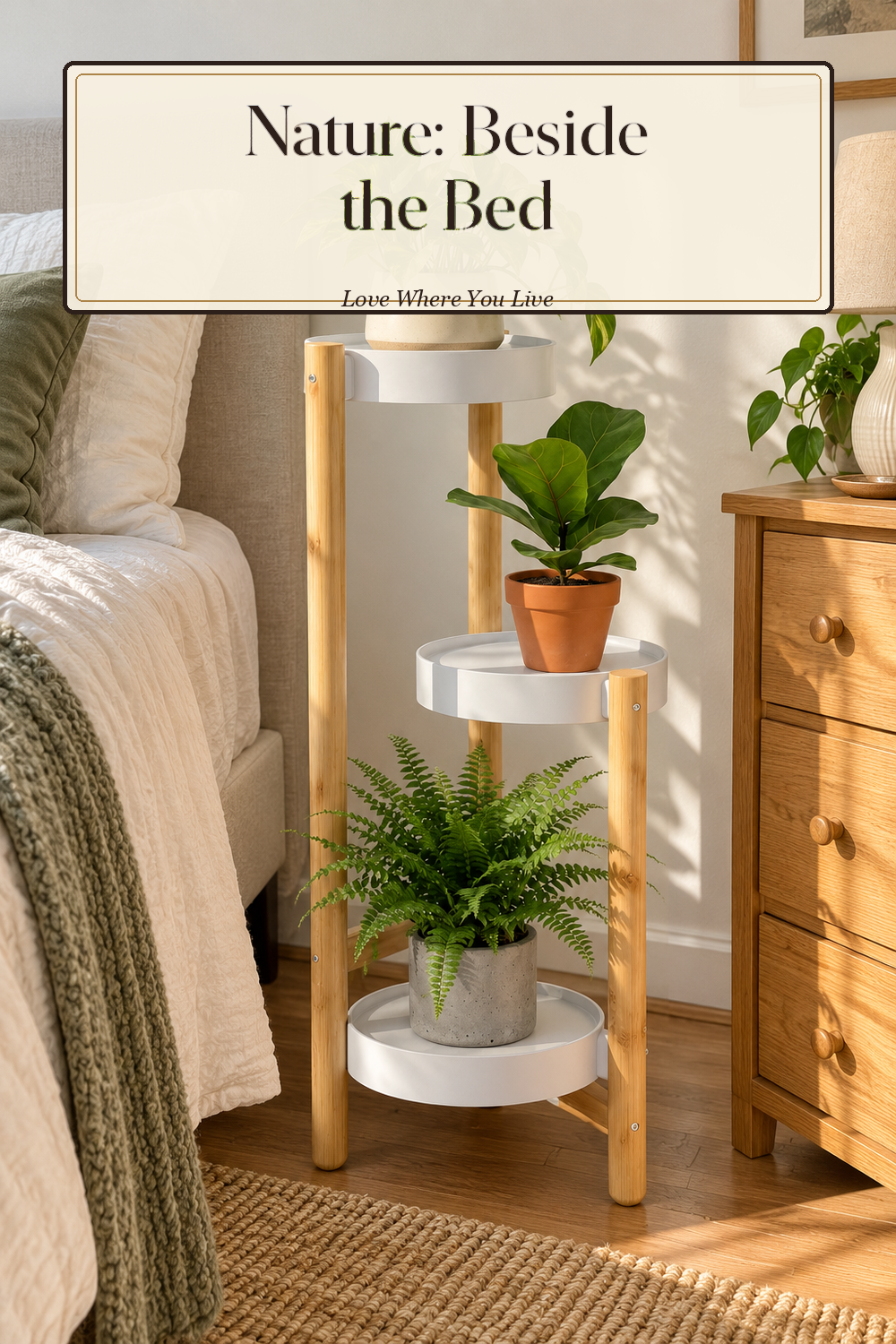 A realistic plant stand in use in a naturally lit bedroom, photographed in a believable lived-in home.