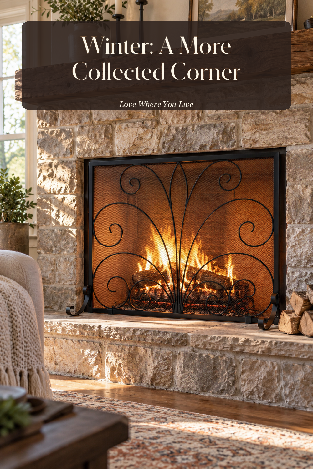 A realistic fireplace screen in use in a naturally lit living room hearth, photographed in a believable lived-in home.