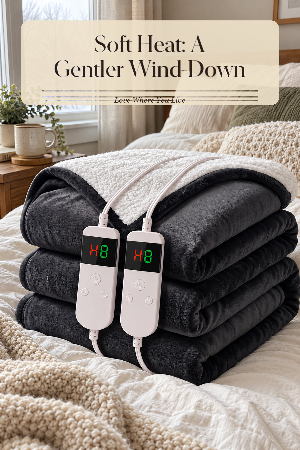 A realistic heated blanket in use in a naturally lit bedroom or living room, photographed in a believable lived-in home.