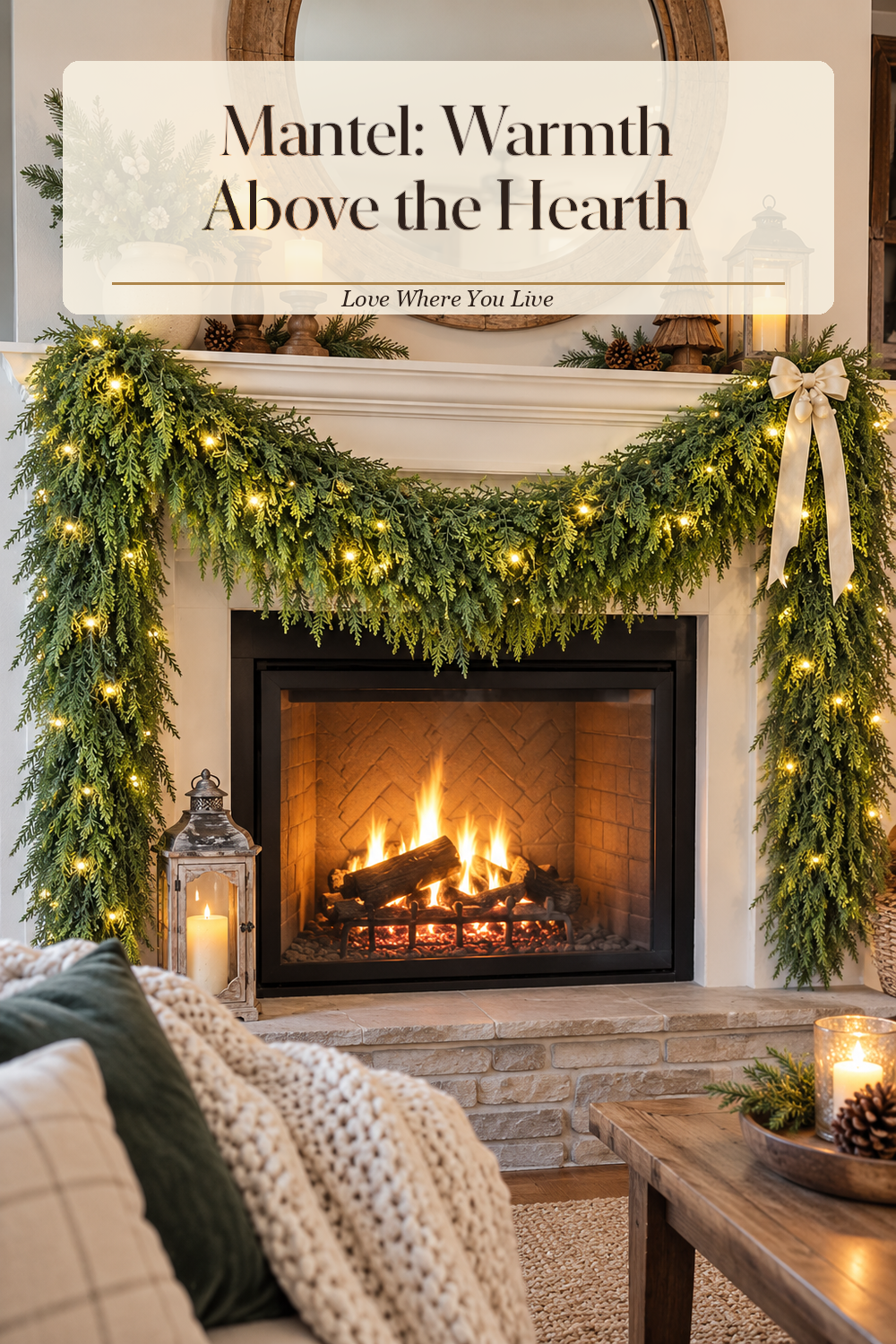 A realistic holiday garland in use in a naturally lit living room fireplace, photographed in a believable lived-in home.