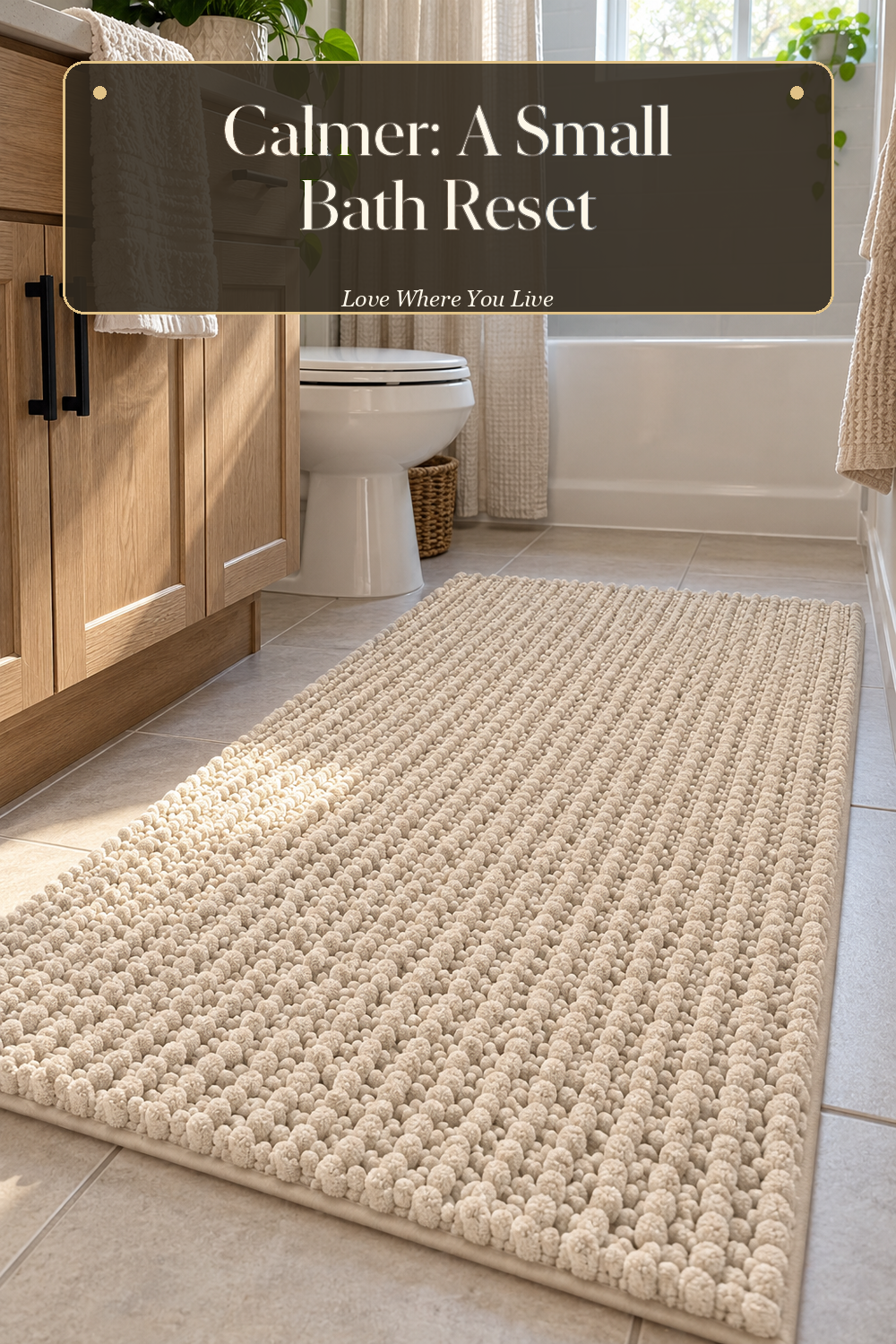 A realistic bath rug in use in a naturally lit bathroom, photographed in a believable lived-in home.